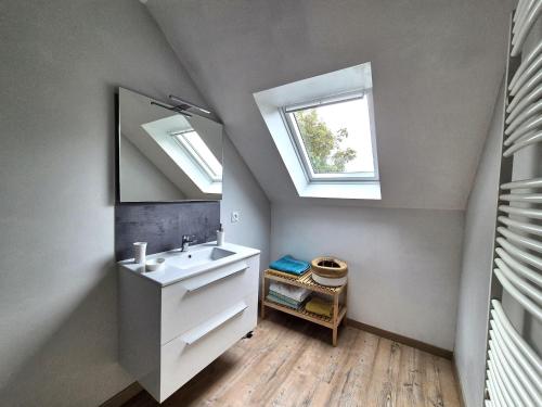 une salle de bain avec un lavabo et un miroir dans l'établissement Stone House in Brittany near Roscoff & Beaches, cleaning included, à Plougoulm