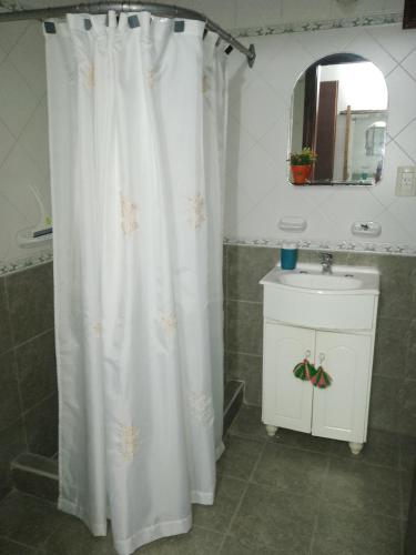 a bathroom with a shower curtain and a sink at La Ñata in Tandil