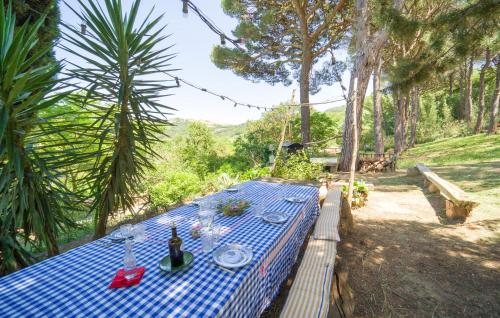 a picnic table with a blue and white checkered table cloth at Cerasuola in Alia