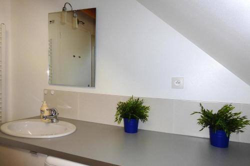 La salle de bains est pourvue d'un lavabo et de 2 plantes en pot. dans l'établissement Apartment near Alabaster Coast beaches, cleaning included, à Manneville-ès-Plains