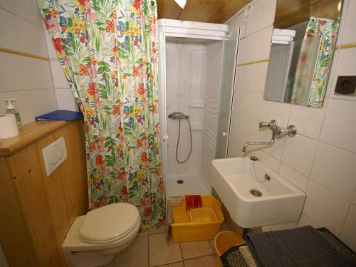 La salle de bains est pourvue d'un rideau de douche, de toilettes et d'un lavabo. dans l'établissement Les Houches Chalet with Garage, cleaning included, aux Houches