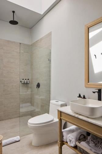a bathroom with a toilet and a sink and a shower at Tau House in Guatapé