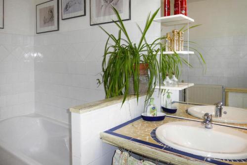 La salle de bains est pourvue d'un lavabo, d'une baignoire et d'une plante. dans l'établissement Holiday Home in Denneville near Sandy Beach, cleaning included, à Denneville