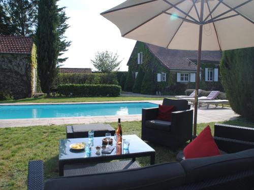 une table avec un parasol à côté d'une piscine dans l'établissement Mansion in Charrin by Loire with Pool, cleaning included, à Charrin