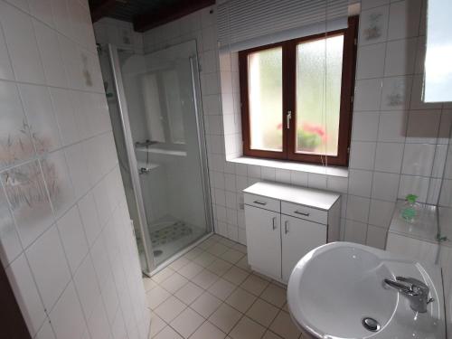 une salle de bain avec un lavabo, une douche et des toilettes dans l'établissement Holiday Home in Vosges Nature Park, cleaning included, à Hanviller