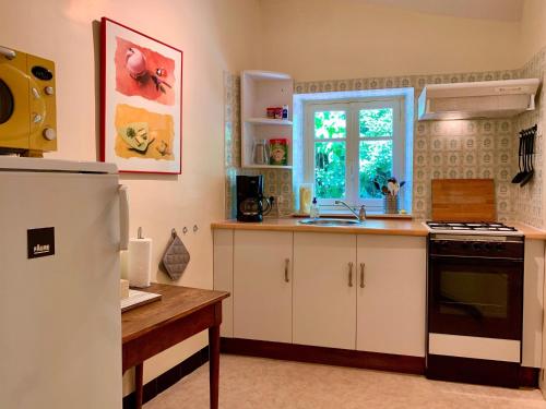 une cuisine avec un évier et une cuisinière four supérieur dans l'établissement Villa in Saint-Nectaire near Ski Slopes, cleaning included, à Saint-Nectaire
