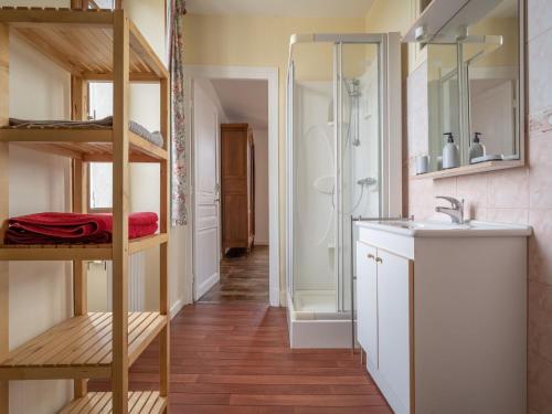 La petite salle de bains est pourvue d'une douche et d'un lavabo. dans l'établissement Holiday Home Nouart with Barbecue Garden, cleaning included, à Nouart