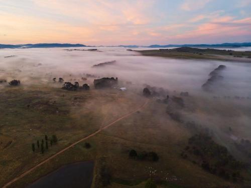 an aerial view of a foggy field with trees and clouds at Farm Stay Tiny House by Tiny Away in Braidwood