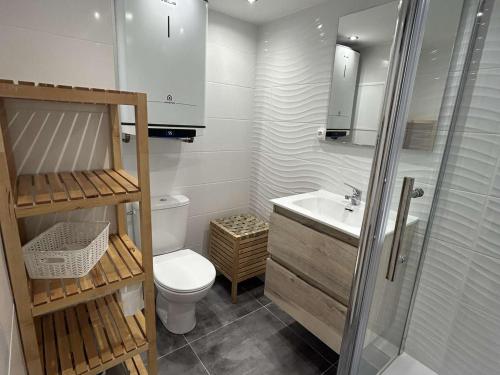 une salle de bain avec toilettes, lavabo et douche dans l'établissement Appt 2 pièces climatisé pour 4 pers, Le Grau-du-Roi - FR-1-250-314, au Grau-du-Roi