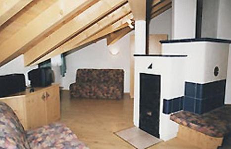 ein Wohnzimmer mit 2 Sofas und einem Kamin in der Unterkunft Appartements Mattioli in Samnaun