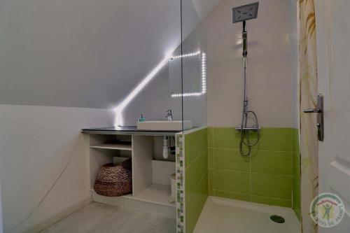 a small bathroom with a sink and a shower at La ranjardiere in Janzé