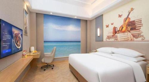 a bedroom with a white bed and a large window at Vienna Hotel Jiangsu Zhangjiagang Passenger Terminal Station in Zhangjiagang