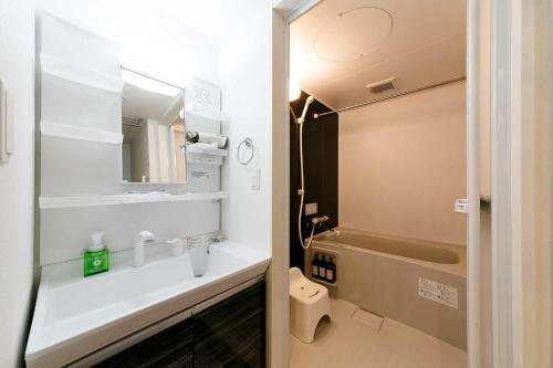 a bathroom with a sink and a toilet and a mirror at GaiarS8 in Sapporo