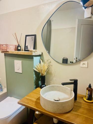 une salle de bain avec un lavabo et un miroir dans l'établissement Les Palmiers - Saint Florent, à Saint-Florent