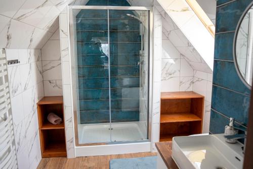 a bathroom with a shower and a sink at Noclegi Olszówka in Bukowina Tatrzańska
