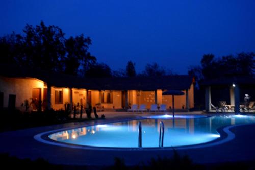 a swimming pool at night with lights on it at Aranyak Resort in Tāla