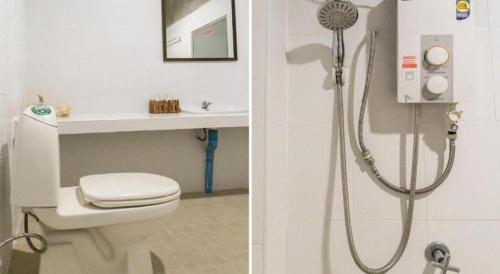 two pictures of a bathroom with a shower and a toilet at OYO 674 Greenery Home in Ranong