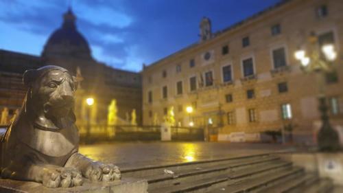 a statue of a dog sitting in front of a building at Oltre i Canti in Palermo