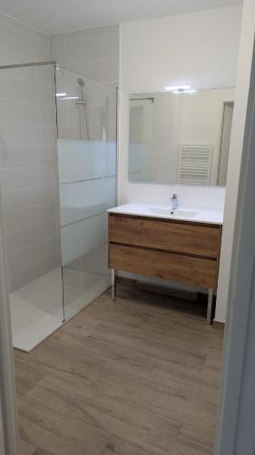 une salle de bain avec un lavabo et une douche dans l'établissement appartement neuf en centre-ville, à Cavalaire-sur-Mer
