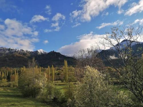 a field with trees and mountains in the background at Apartment in Aschau at the lake in Aschau