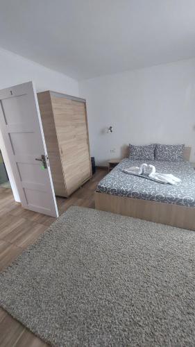 a bedroom with a bed and a door and a rug at Sîrbu Orsova in Orşova