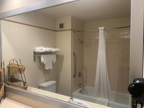 a bathroom with a shower and a bath tub with a mirror at Rocklin Park Hotel, Trademark Collection by Wyndham in Rocklin