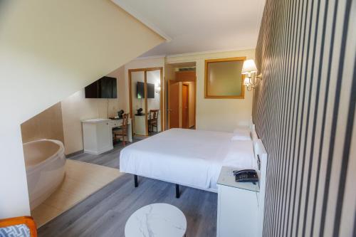 a hotel room with a bed and a bath tub at Hotel Ciudad Cangas de Onis in Cangas de Onís