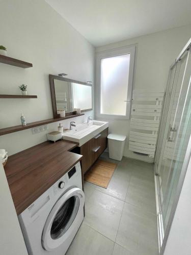une salle de bain avec une machine à laver et un lavabo dans l'établissement Villa Cinta, des vacances en bord d'océan, à Capbreton