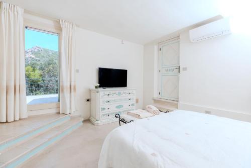 a white bedroom with a bed and a tv at VILLA AMIRA Porto Cervo con vista Mozzafiato sul Mare,Piscina Privata,WELLNESS & SPA in Liscia di Vacca