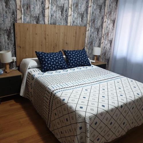 a bedroom with a bed with blue pillows and wooden walls at CASA RAMI especial parejas in San Martín del Rey Aurelio