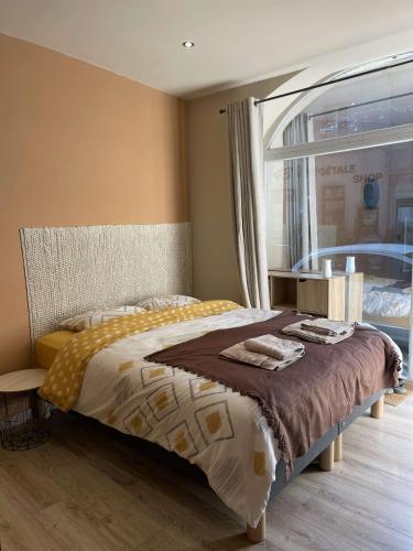 une chambre avec un lit et une grande fenêtre dans l'établissement Studio l'iDOLE, à La Celle-sous-Gouzon