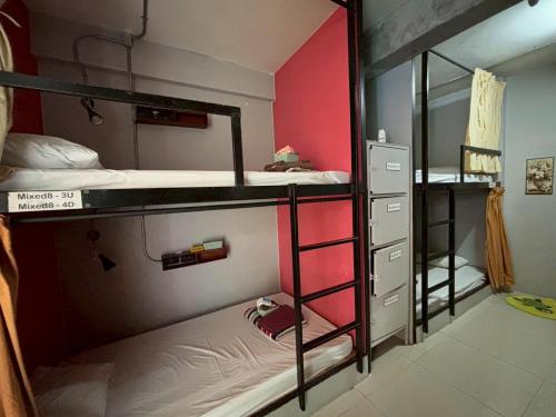 a room with two bunk beds and a mirror at O'Kane's Pub and Hostel in Chiang Rai