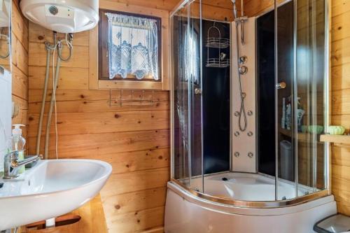 a bathroom with a shower and a sink at Kormoran in Wyszowate