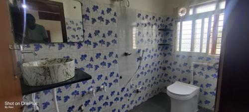 bagno con servizi igienici e piastrelle bianche e blu di Archana Guest House River View a Hampi