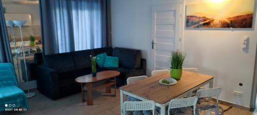 a living room with a table and a couch at Apartament z klimatyzacją in Kąty Rybackie
