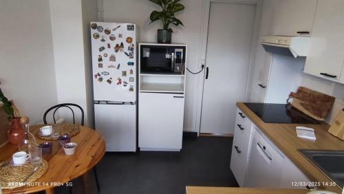 Il comprend une cuisine équipée d'un réfrigérateur avec des aimants. dans l'établissement F3-50m from Trottel Beach - Wifi - Air Conditioning, à Ajaccio
