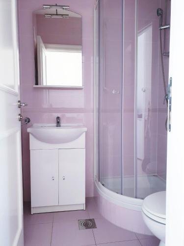 a bathroom with a sink and a shower and a toilet at Apartment Lana Maris studio 2 - 200m from beach, terrace with sea view, wi-fi and free parking in Dramalj