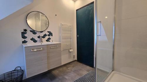 une salle de bain avec une douche, un lavabo et un miroir dans l'établissement Studio 3ieme etage proche de la plage - Quartier des cordiers, au Tréport