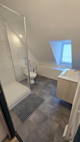une salle de bain mansardée avec toilettes et lavabo dans l'établissement Studio 3ieme etage proche de la plage - Quartier des cordiers, au Tréport
