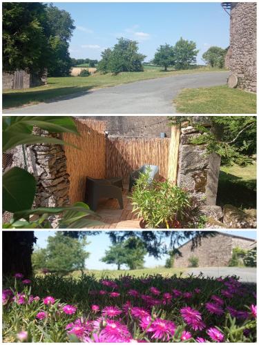 un collage de deux photos d'un jardin fleuri dans l'établissement Entre ciel et Sèvre, à Treize-Vents