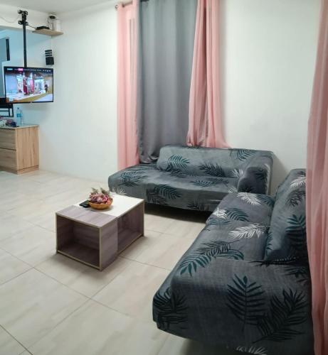 a living room with a couch and a coffee table at Rose villa in Pereybere