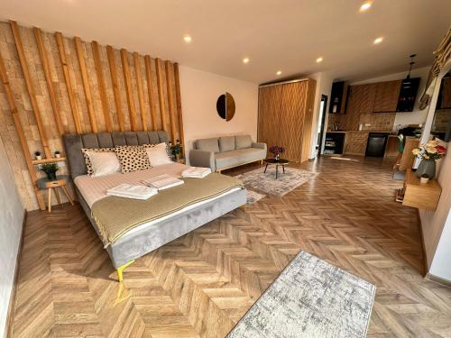 a bedroom with a bed and a living room at Transalpina Tiny House - outdoor jacuzzi in Baia de Fier
