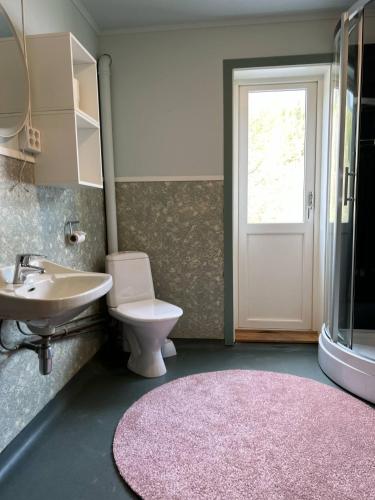 a bathroom with a toilet and a sink and a mirror at Nordnes Kro og Camping in Rokland
