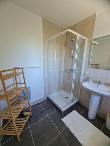 une salle de bain avec douche et lavabo dans l'établissement Villa des Oliviers avec piscine privée - 5min des Gorges Ardeche, à Saint-Julien-de-Peyrolas