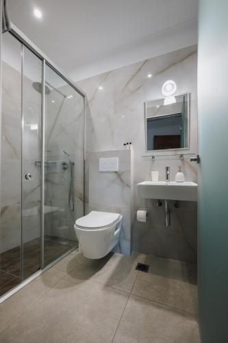 a bathroom with a shower and a toilet and a sink at Villa Apollo in Parga