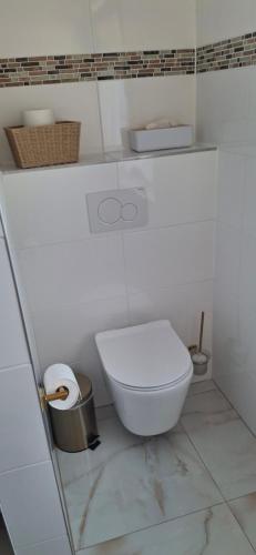 a white bathroom with a toilet and a trash can at Alt Wehlheiden in Kassel