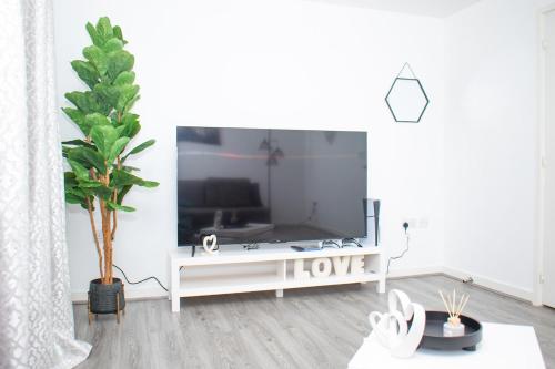 a white living room with a tv and a plant at Luxe stylish stay in central Manchester in Manchester