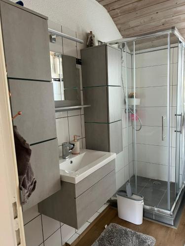 a bathroom with a sink and a glass shower at Gemütliche Ferienwohnung in Essen