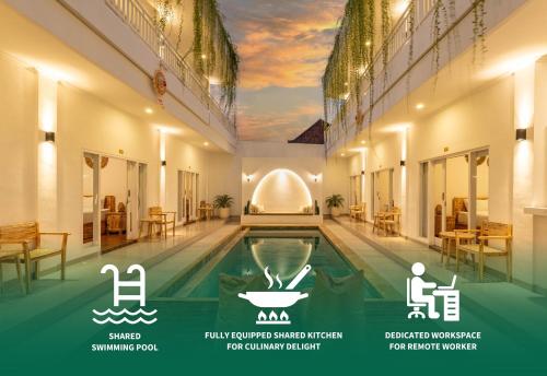 a pool in a building with a painting of a sky at Mo Cactus by Bukit Vista in Tumbak Bayuh