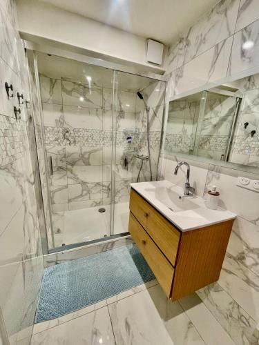 une salle de bain avec douche et lavabo dans l'établissement Penthouse de 170m2, 6 personnes avec jacuzzi et proche de Paris et Disney, à Neuilly-sur-Marne
